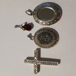 Pendant lot locket, cross, referred carved and red rhinestone